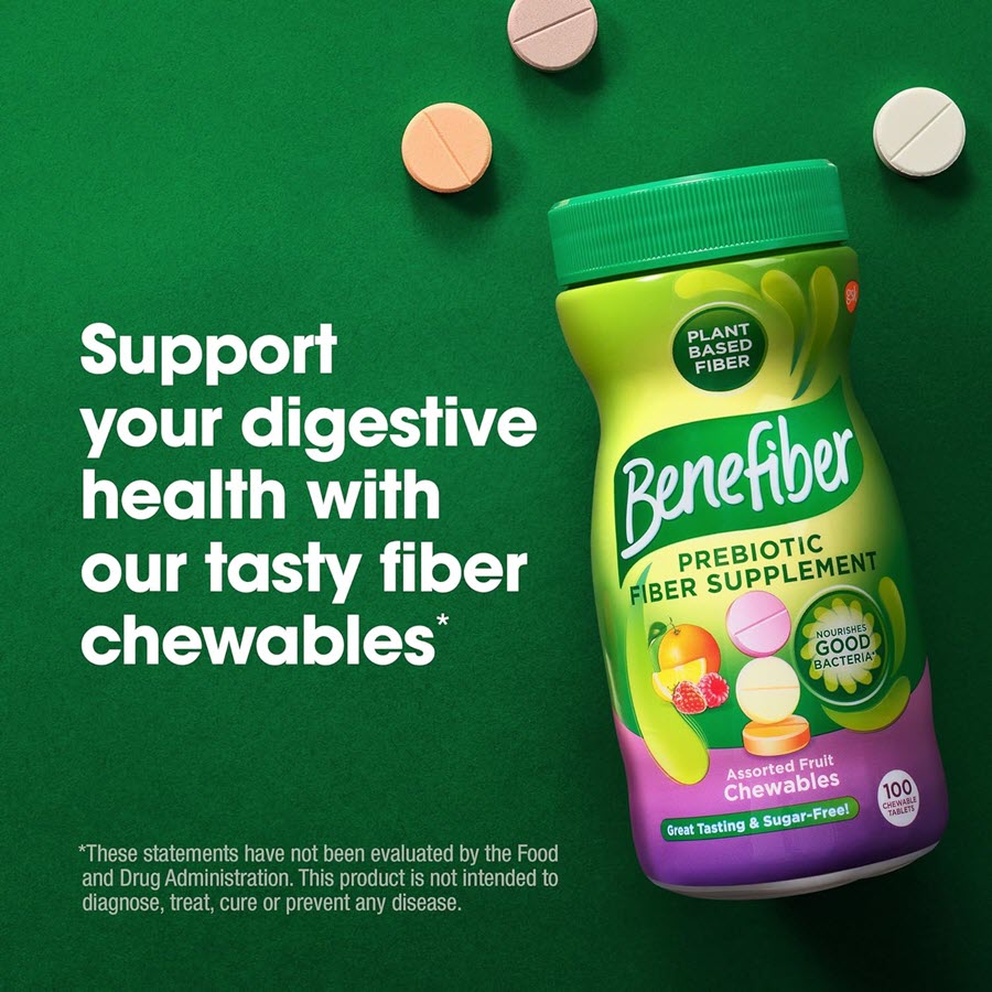 Benefiber Prebiotic Fiber Supplement Assorted Fruit Chewable Tablets, 100 ct