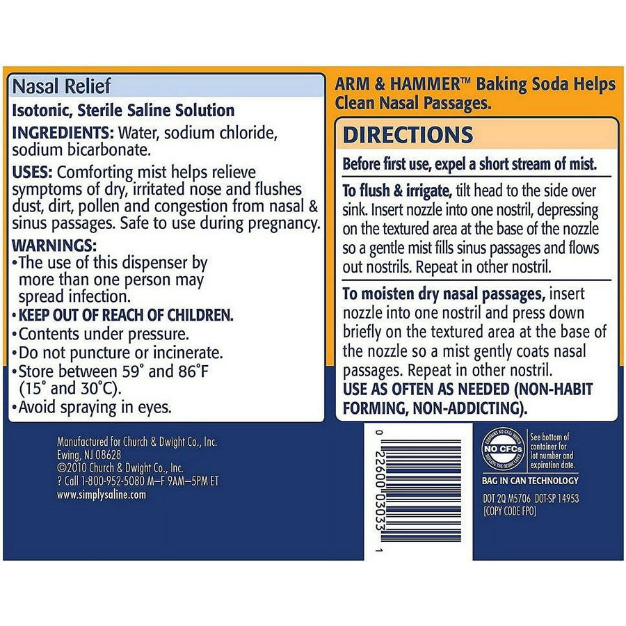 Arm & Hammer Simply Saline Sterile Saline Nasal Mist For Nasal Relief, 1.5oz