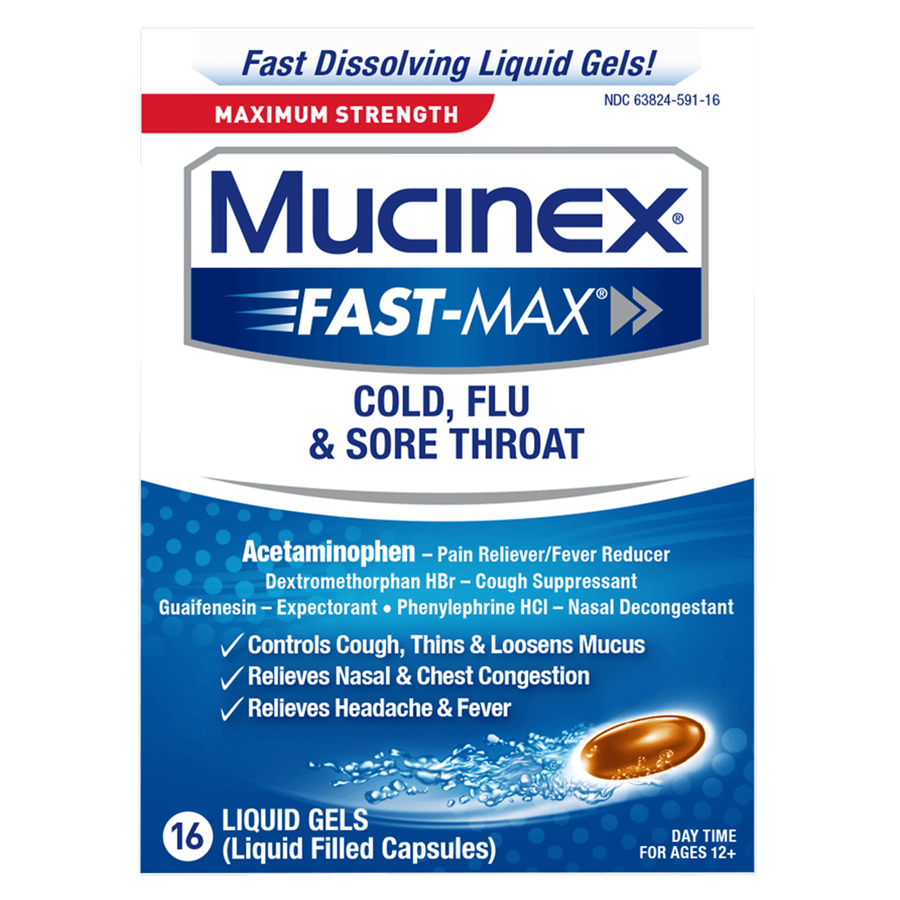 Mucinex Maximum Strength Fast-Max Cold, Flu, and Sore Throat Liquid Gels, 16ct