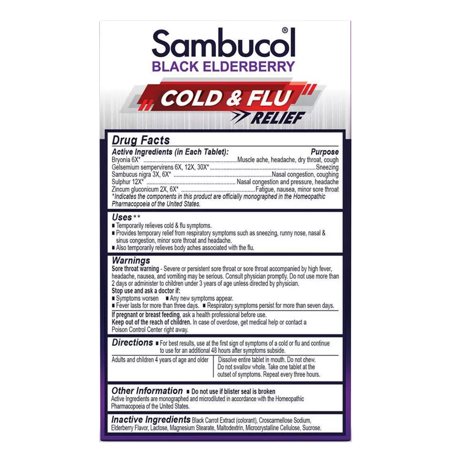 Sambucol Black Elderberry Homeopathic Cold & Flu Relief Tablets - 30ct