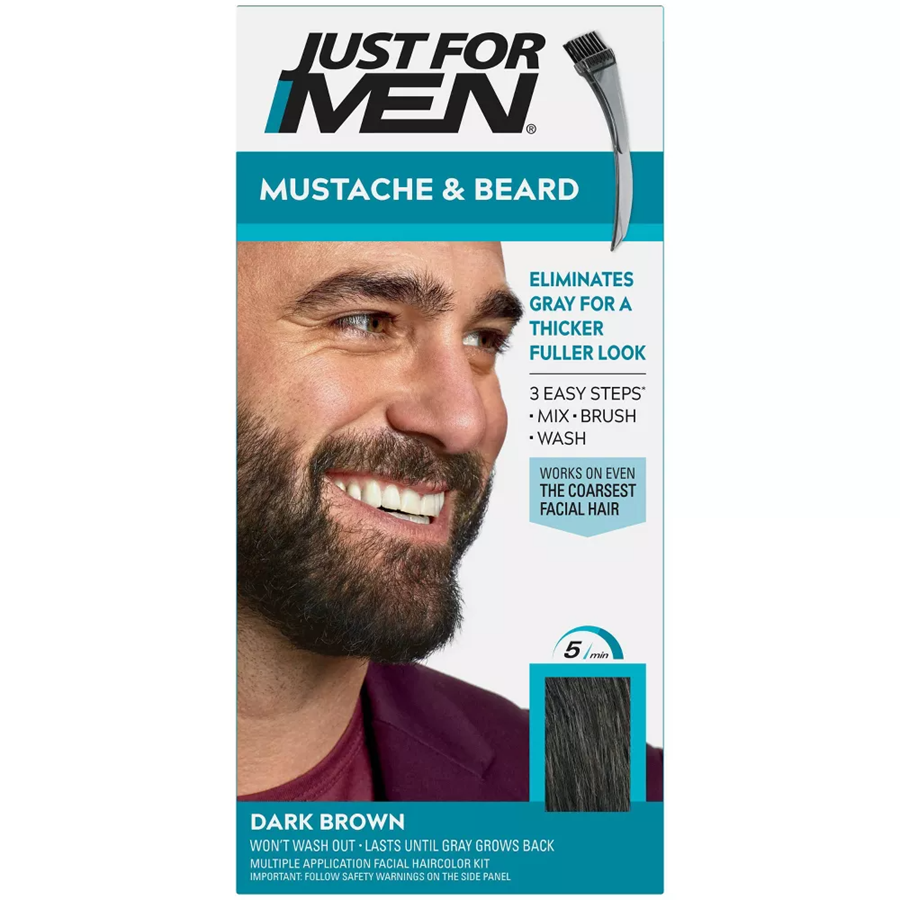 Just For Men Mustache & Beard Beard Coloring for Gray Hair with Brush Included, Dark Brown