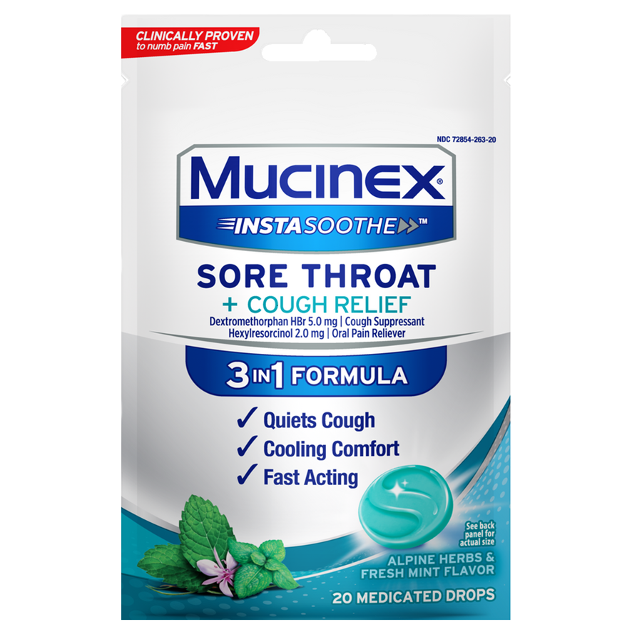 Mucinex Insta Soothe Sore Throat And Cough Drops, Alpine Herb And Fresh Mint, 20 Ea