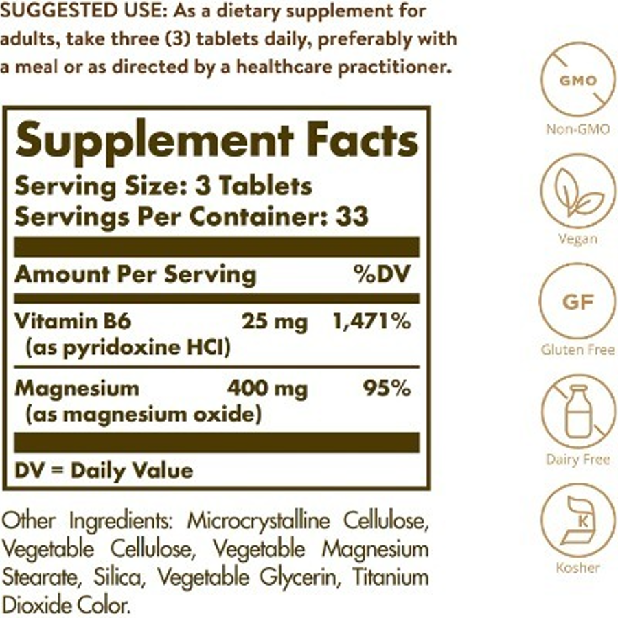 Solgar Magnesium with Vitamin B6, 100 Tablets