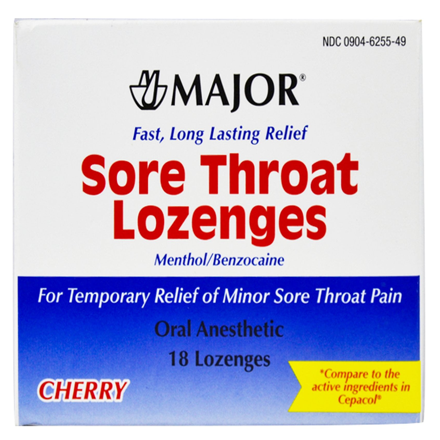 Major Sore Throat Lozenges Menthol/Benzocaine, Cherry, 18ct