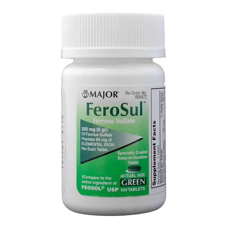 Major Ferosul 5gr FC Green Tabs FERROUS SULFATE - 325mg, 100 Tablets