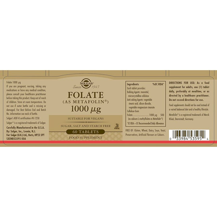 Solgar Folate 1000 Mcg As Metafolin, 60 Tablets