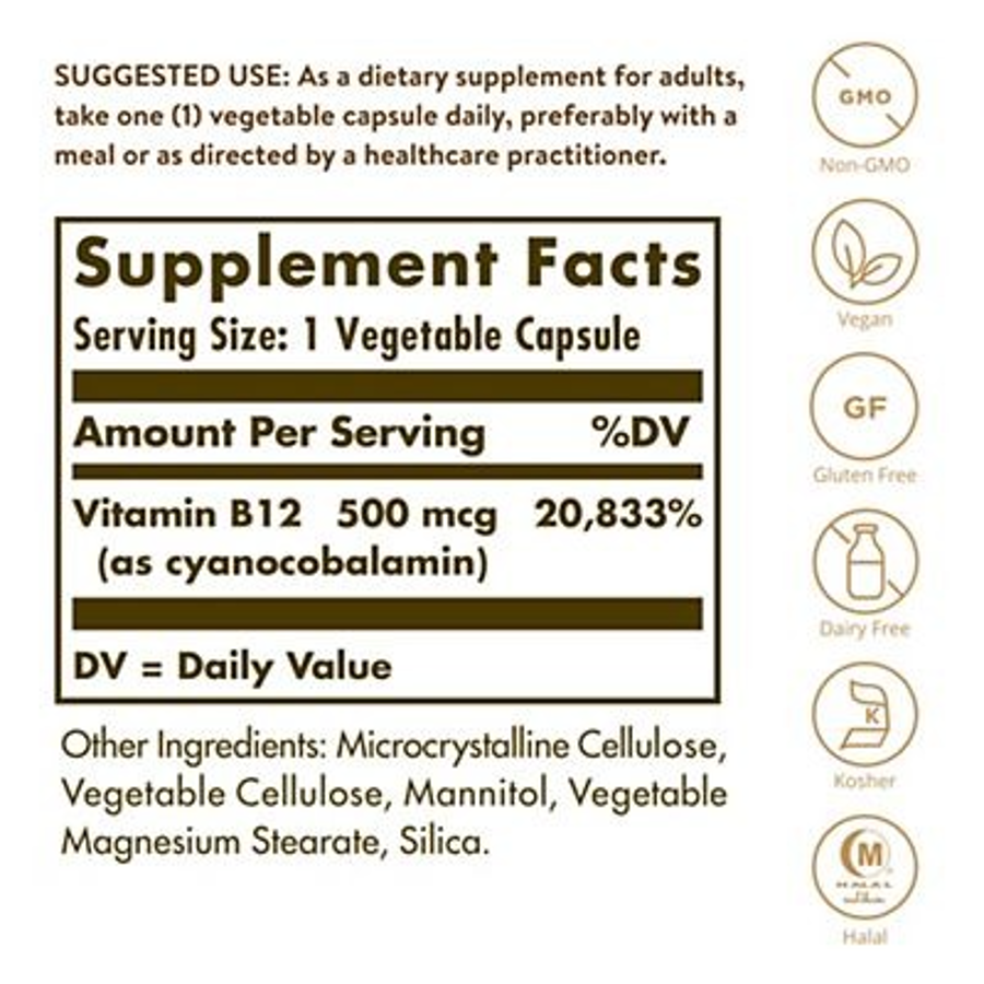 Solgar Vitamin B-12 500 Mcg, 100 Vegetable Capsules