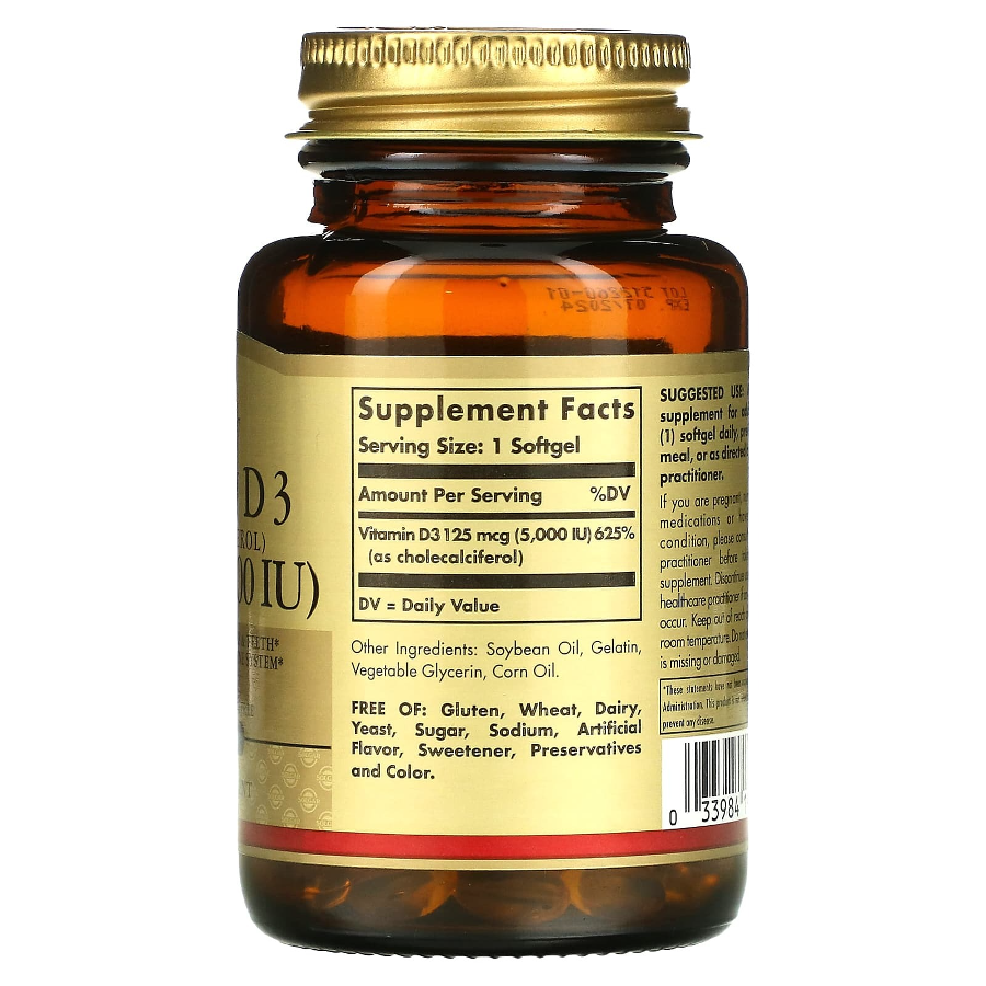 Solgar Vitamin D3 (Cholecalciferol) 125 mcg (5000 IU), 60 Vegetable Caps