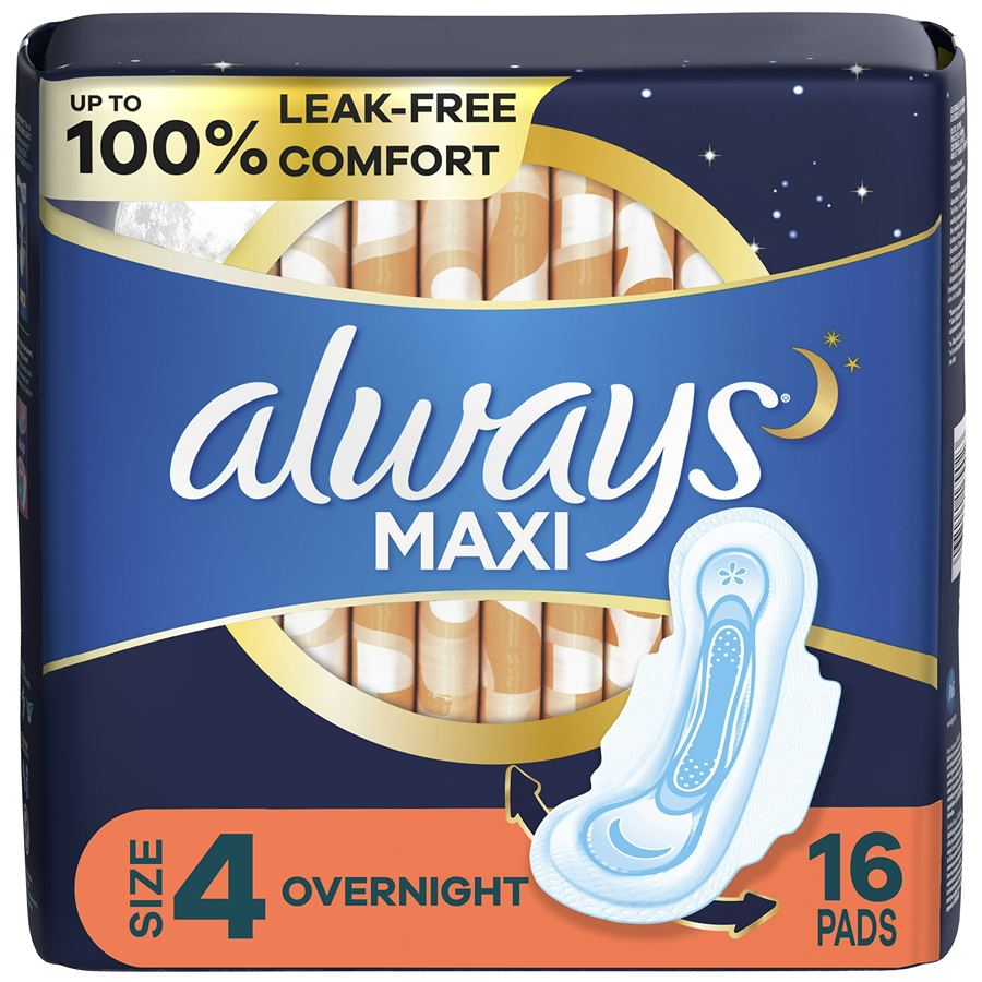 Always Maxi Over Night Pads With Wings Size 4, Unscented, 16ct