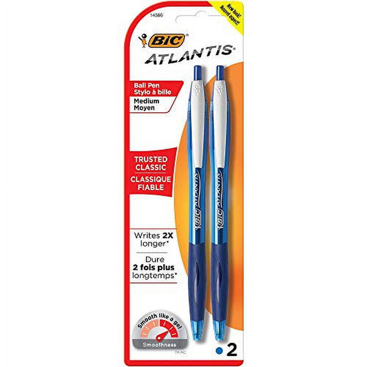 BIC Atlantis Ball Pen, Medium Point, Blue, Retractable, 2pk