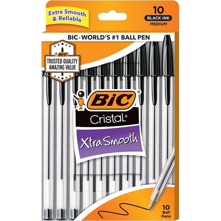 BIC Cristal Stic Ball Pen, Medium Point (1.0 Mm), Black, 10 Pens