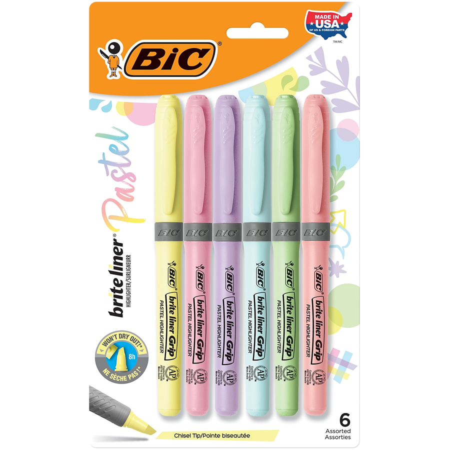 BIC Brite Liner Grip Pocket Highlighter, Assorted Ink Colors, Chisel Tip, Assorted Barrel Colors, 6pk