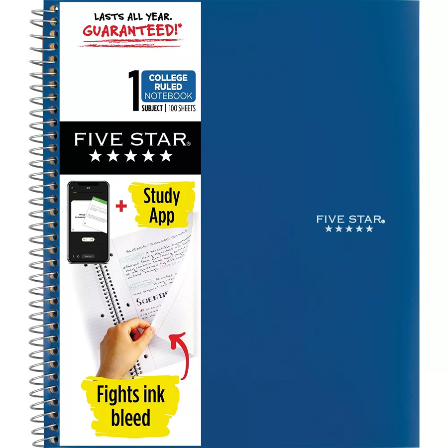 Five Star 1 Subject 100pg College Ruled Spiral Notebook