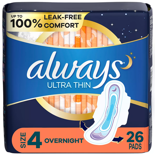 Always Maxi Size 4 Overnight Pads with Wings, Unscented, 26ct