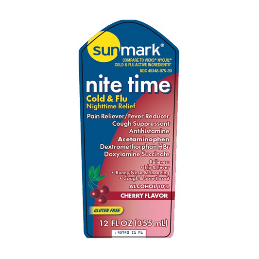 Sunmark Nite Time Cold Flu Liquid, Cherry Flavor, 12oz