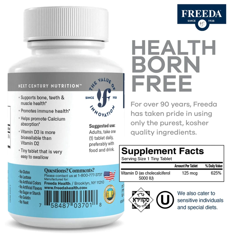 Freeda Vitamin D3 5000 IU (125 mcg), 100 Tablets