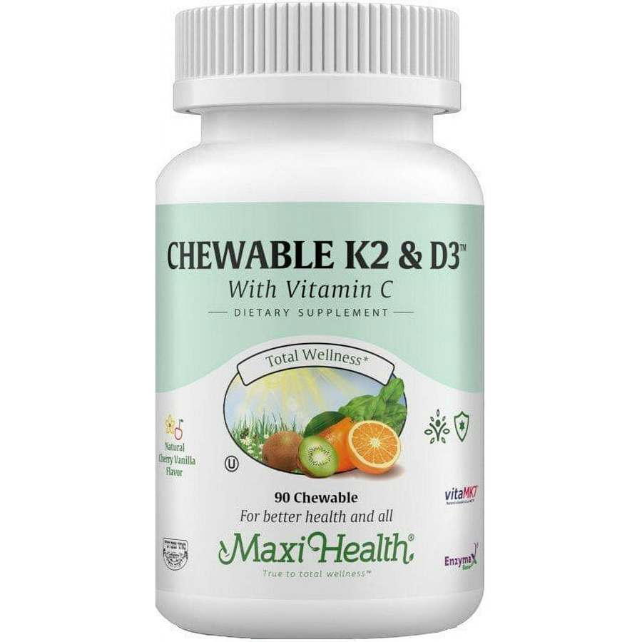 Maxi Health Chewable K2 & D3 with Vitamin C - Cherry Vanilla Flavor, 90 Chewable Tablets