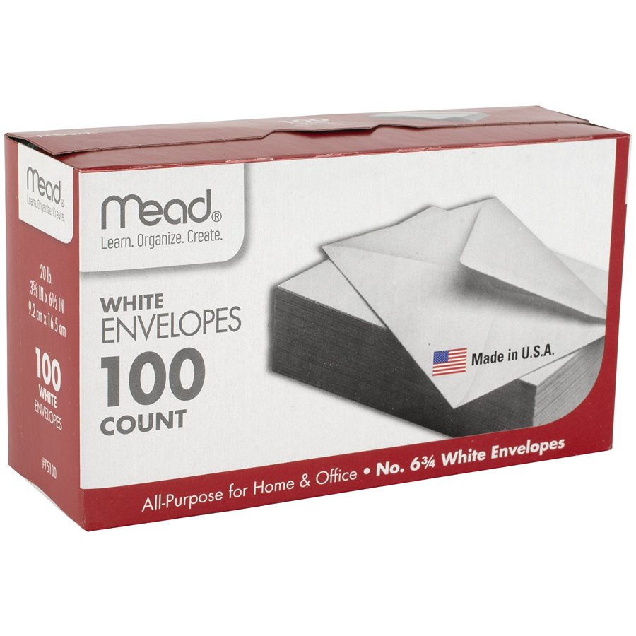 Mead Plain Envelopes Gummed No 6-3/4, 100ct, White