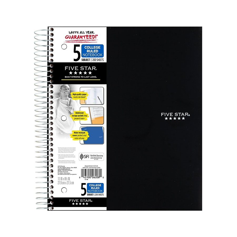 Five Star 5 Subject College Ruled Spiral Notebook