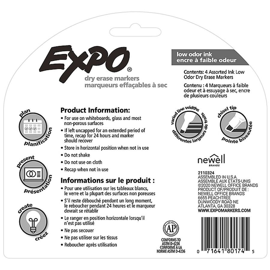 Expo Low Odor Chisel Tip Dry Erase Markers, 4ct